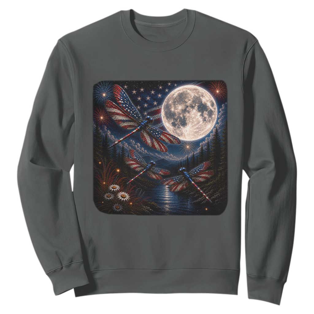 American Flag Dragonfly Patriotic 4th Of July Sweatshirt TS12 Dark Heather Print Your Wear