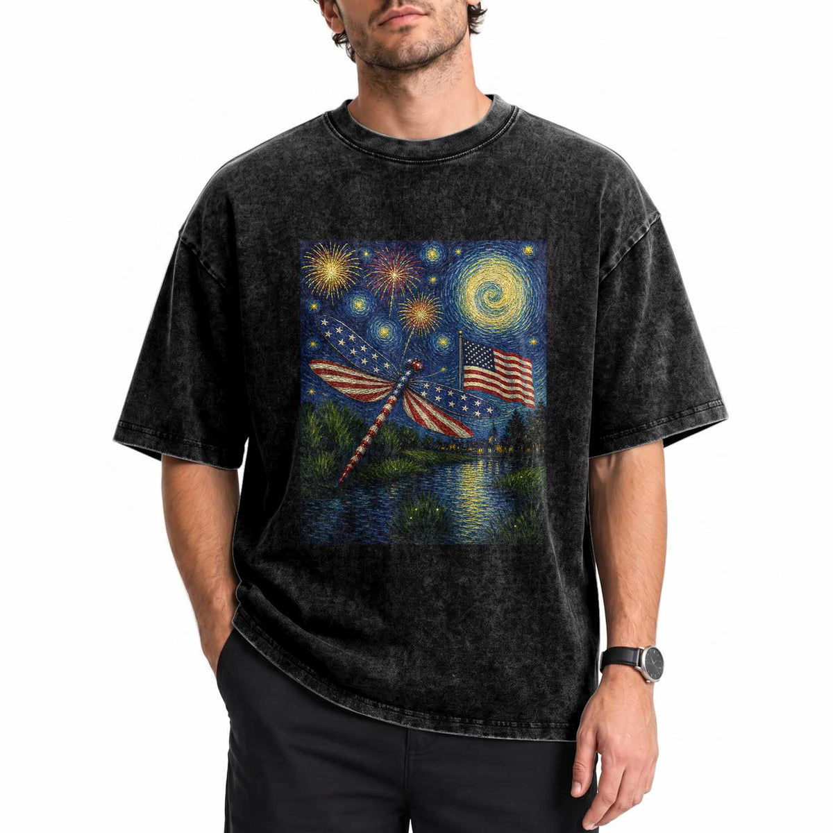 Patriotic Dragonfly Starry Night Swirls Washed Cotton T-Shirt Nature Lovers