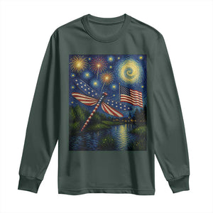 Patriotic Dragonfly Starry Night Swirls Long Sleeve Shirt Nature Lovers TS12 Dark Forest Green Print Your Wear