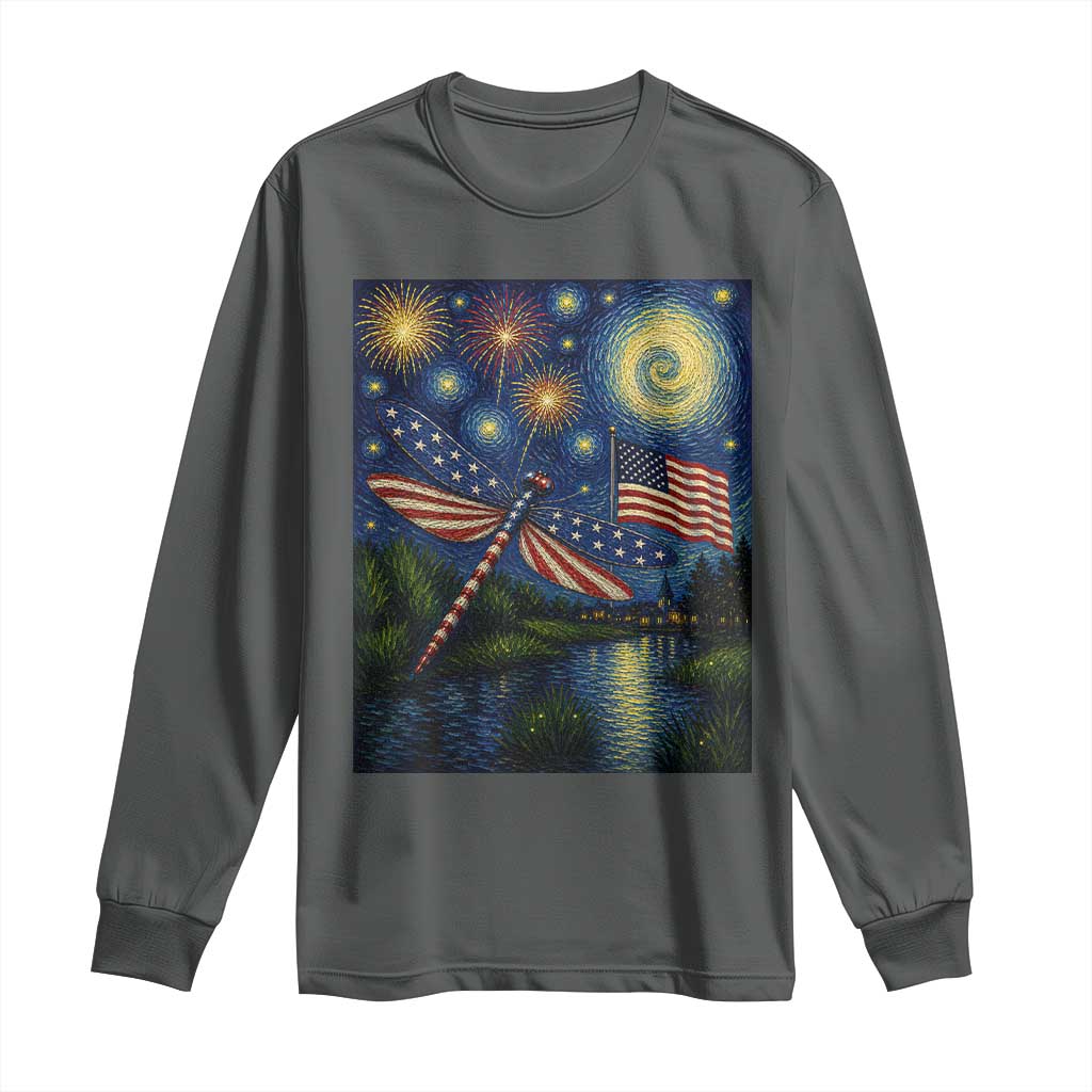 Patriotic Dragonfly Starry Night Swirls Long Sleeve Shirt Nature Lovers TS12 Dark Heather Print Your Wear