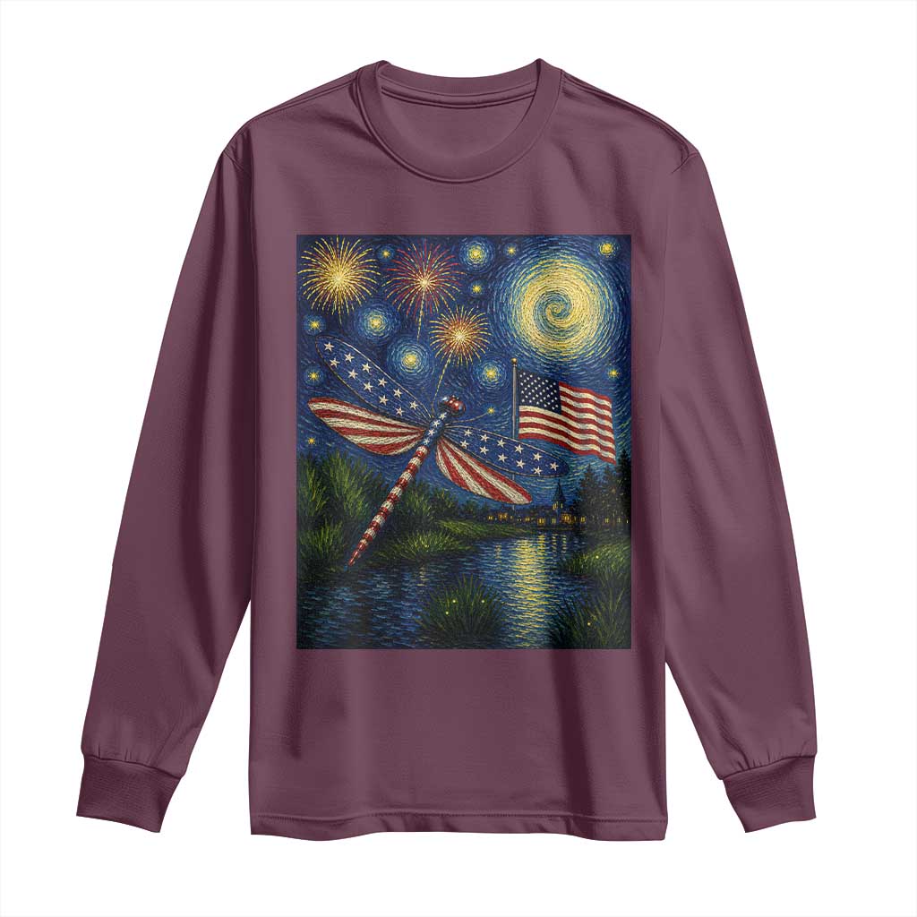Patriotic Dragonfly Starry Night Swirls Long Sleeve Shirt Nature Lovers TS12 Maroon Print Your Wear