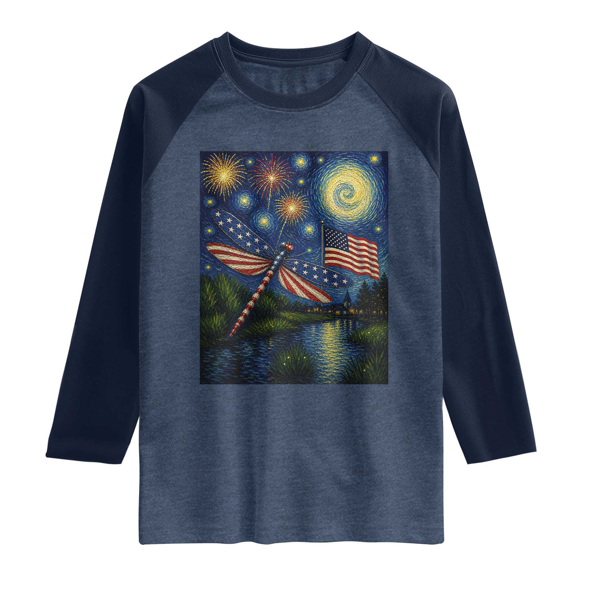 Patriotic Dragonfly Starry Night Swirls Raglan Shirt Nature Lovers TS12 Heather Denim Navy Print Your Wear
