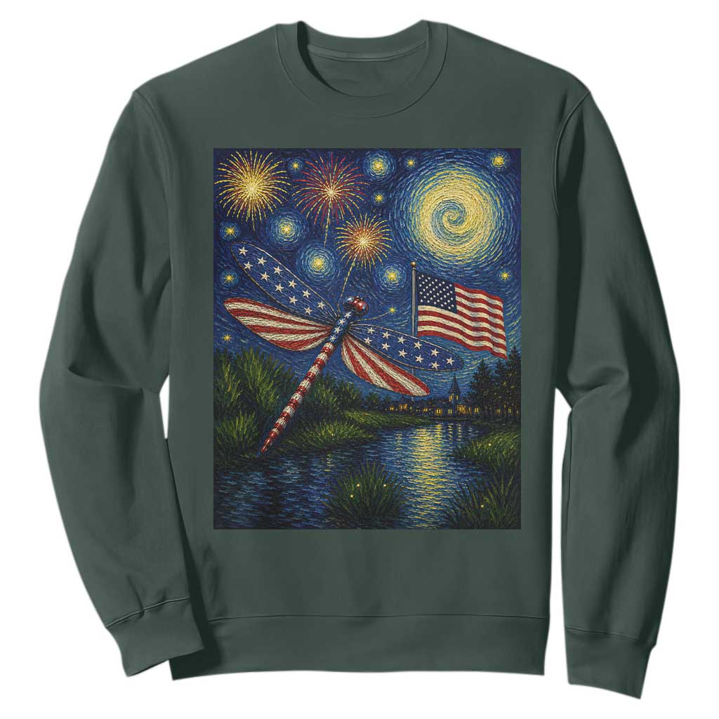 Patriotic Dragonfly Starry Night Swirls Sweatshirt Nature Lovers TS12 Dark Forest Green Print Your Wear