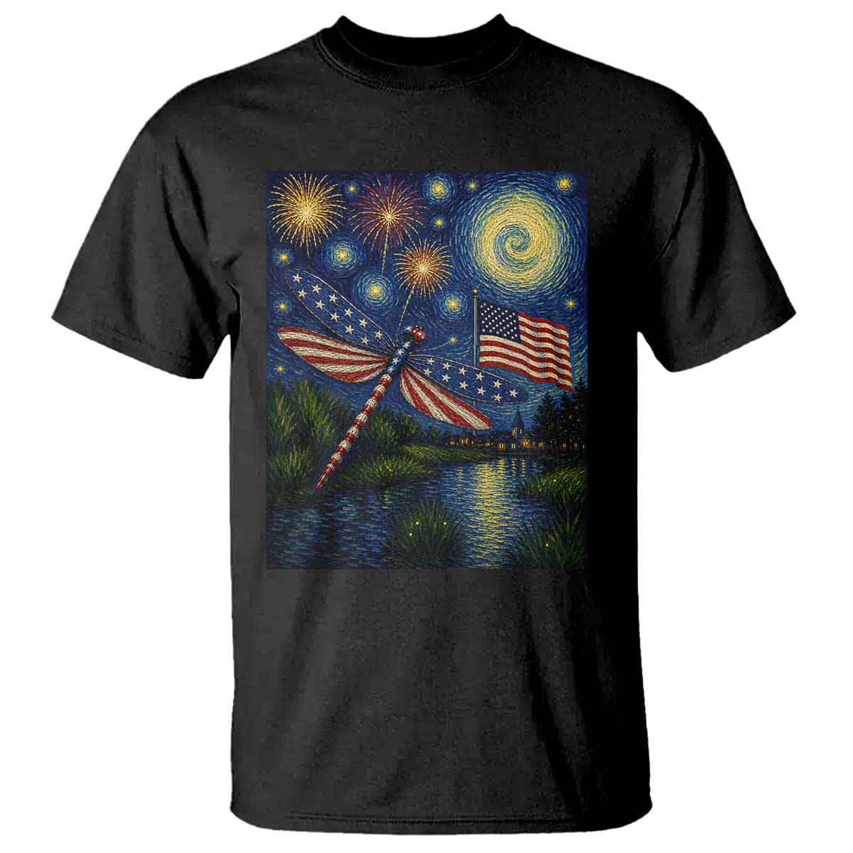 Patriotic Dragonfly Starry Night Swirls T Shirt Nature Lovers TS12 Black Print Your Wear
