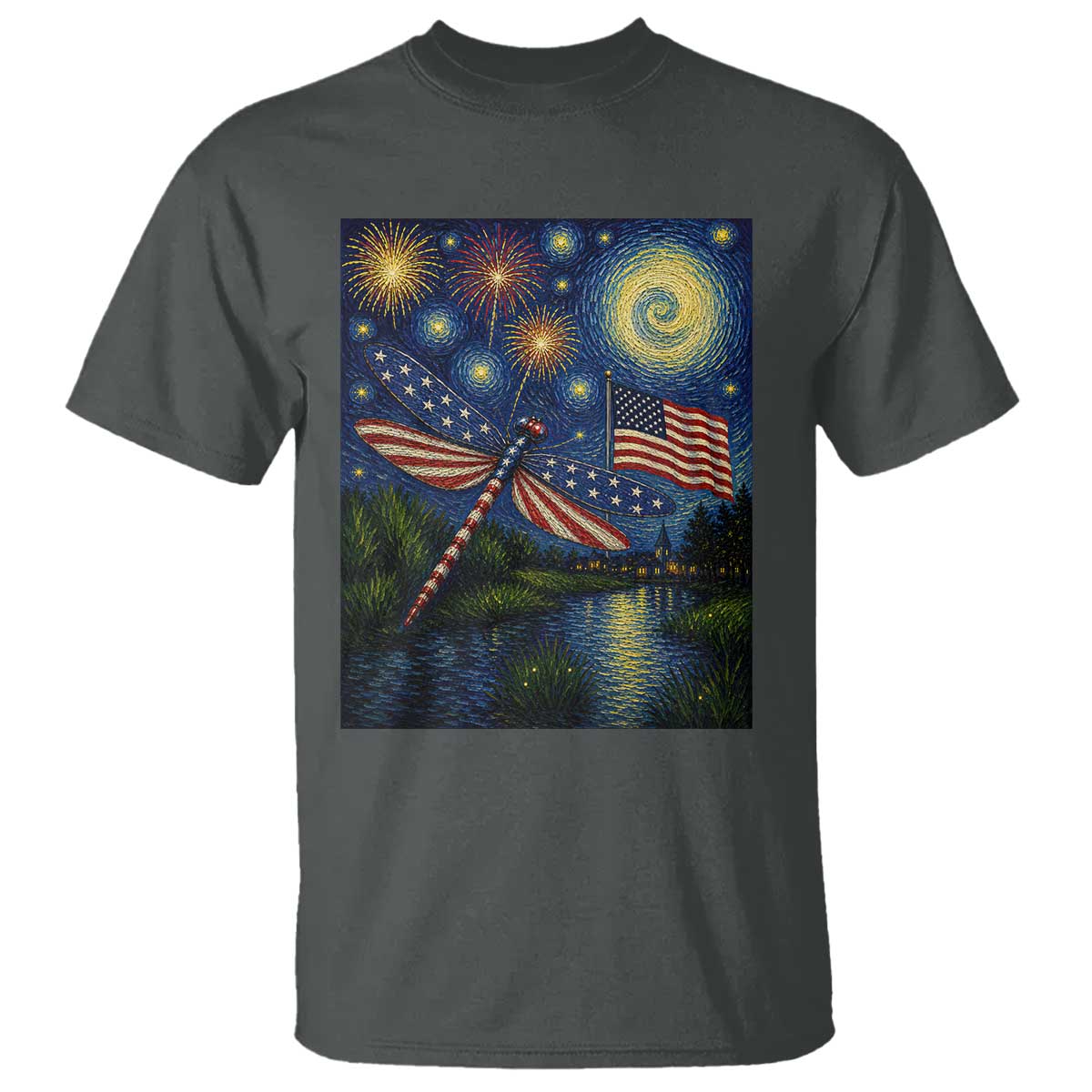 Patriotic Dragonfly Starry Night Swirls T Shirt Nature Lovers TS12 Dark Heather Print Your Wear