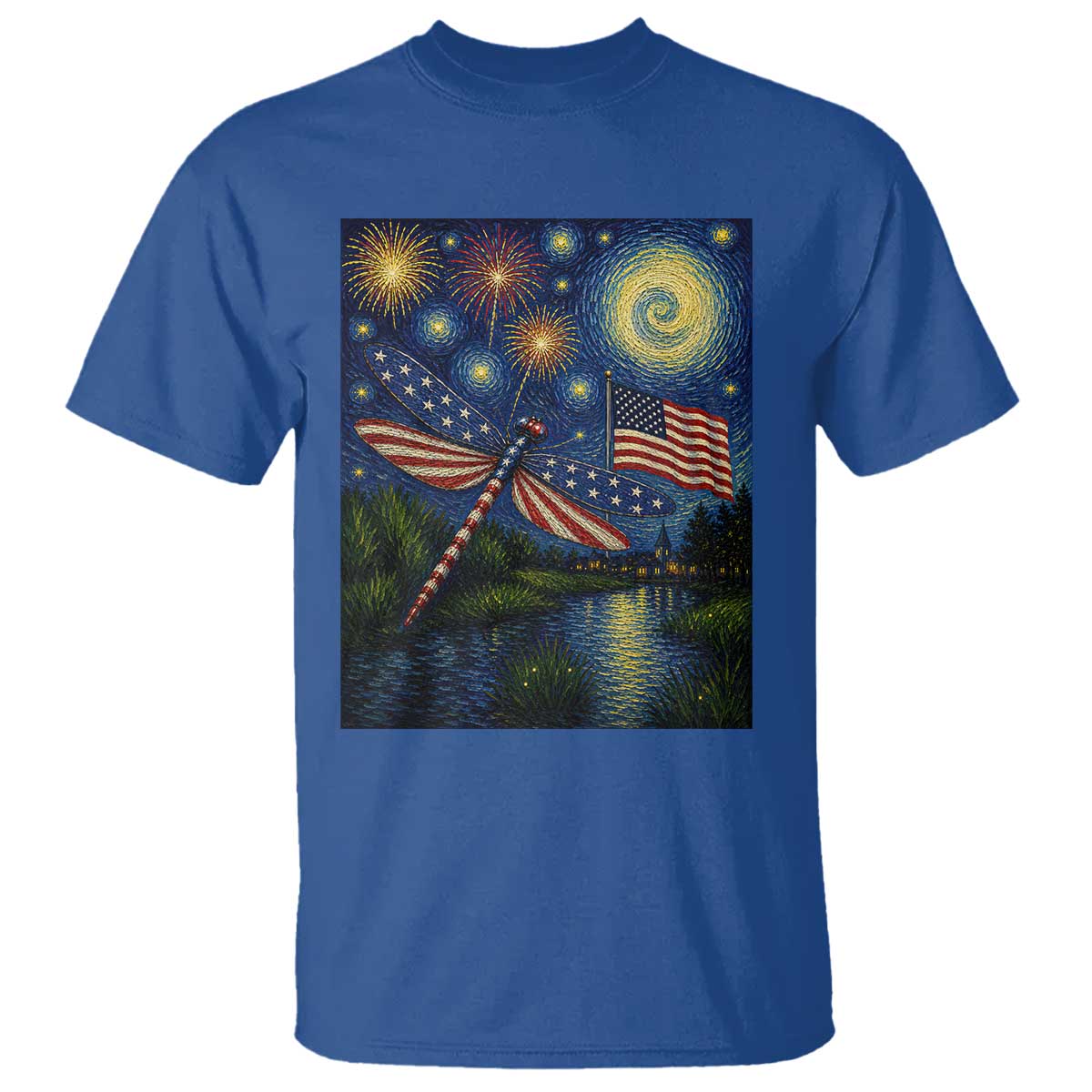 Patriotic Dragonfly Starry Night Swirls T Shirt Nature Lovers TS12 Royal Blue Print Your Wear