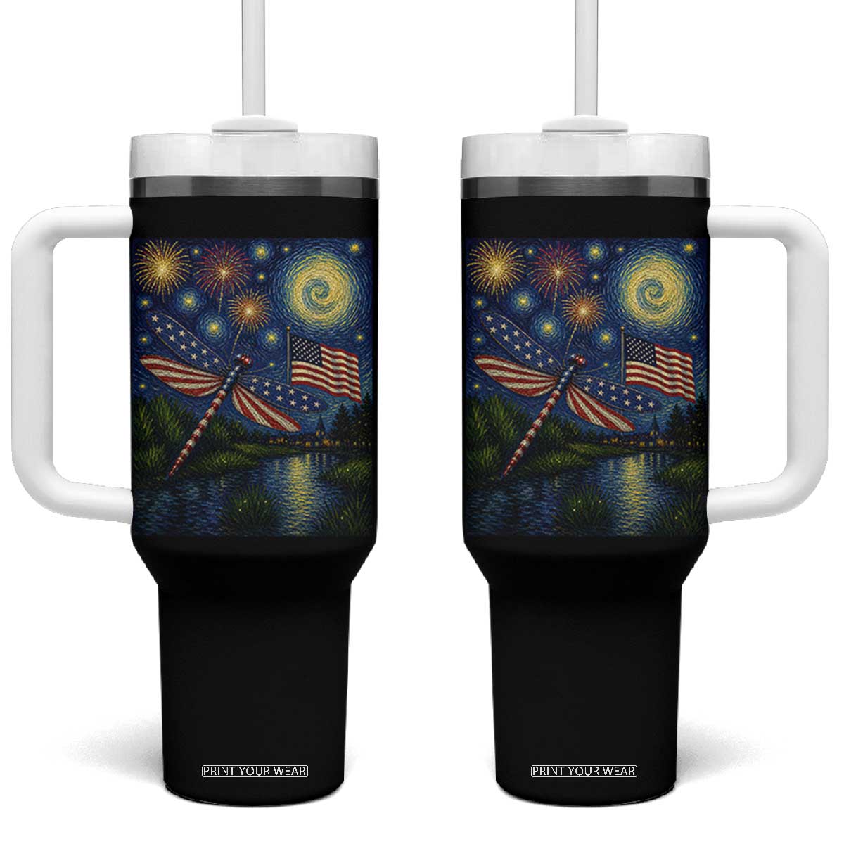 Patriotic Dragonfly Starry Night Swirls Tumbler With Handle Nature Lovers TS12 One Size: 40 oz Black Print Your Wear