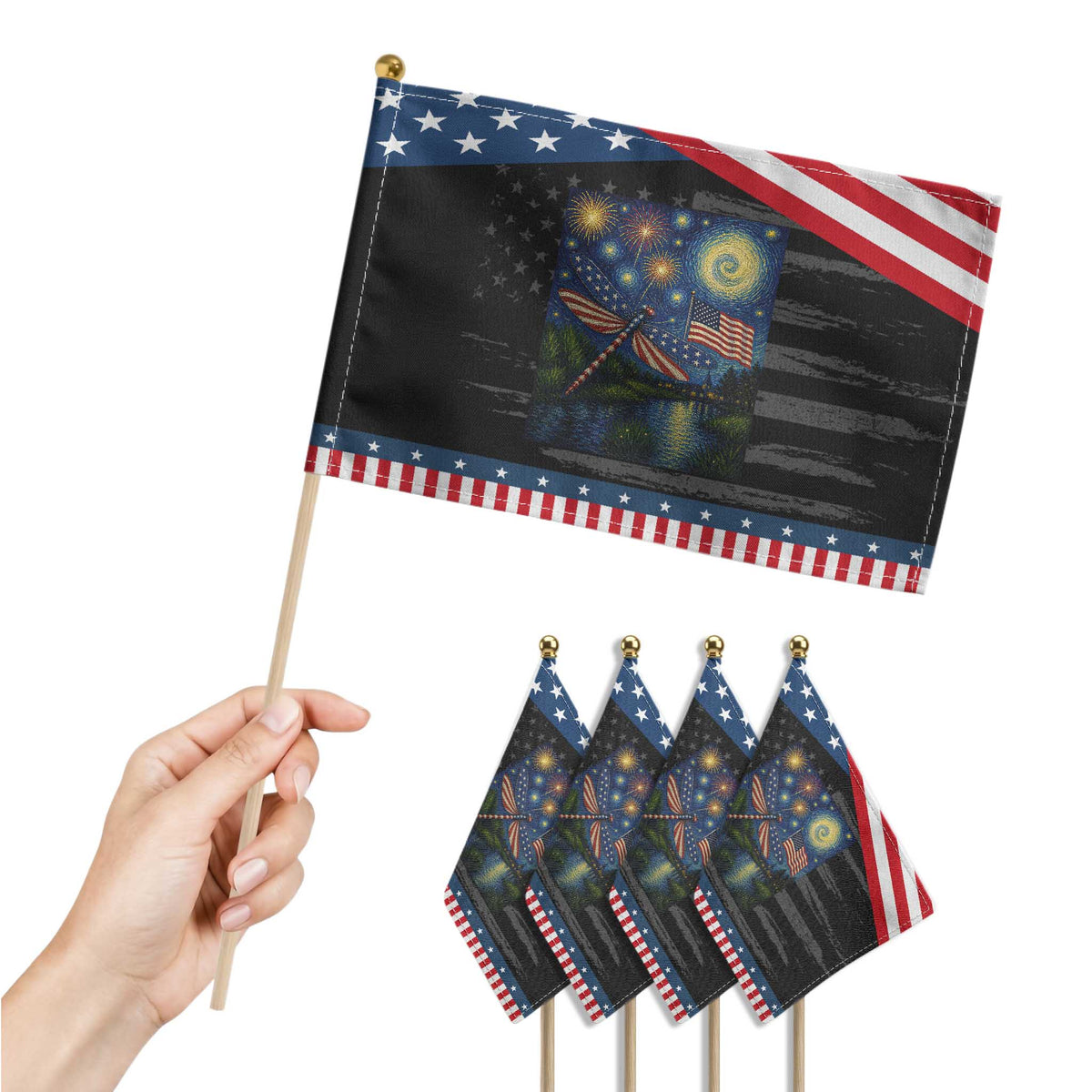 Red White And Blue Dragonfly Starry Night Swirls Patriotic Handheld Flag Nature Lovers TS12 Print Your Wear