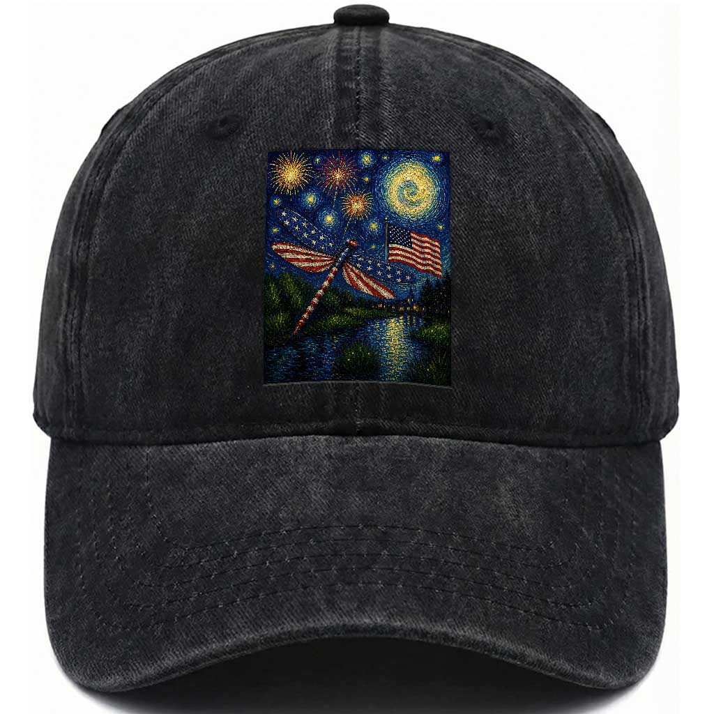 Patriotic Dragonfly Starry Night Swirls Washed Cotton Baseball Cap Nature Lovers TS12 Print Your Wear