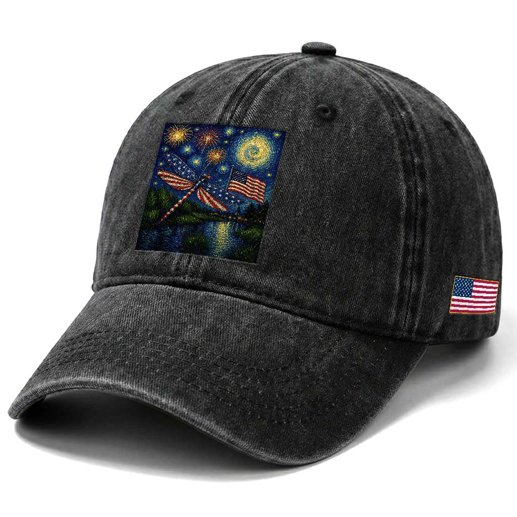 Patriotic Dragonfly Starry Night Swirls Washed Cotton Baseball Cap Nature Lovers TS12 Print Your Wear