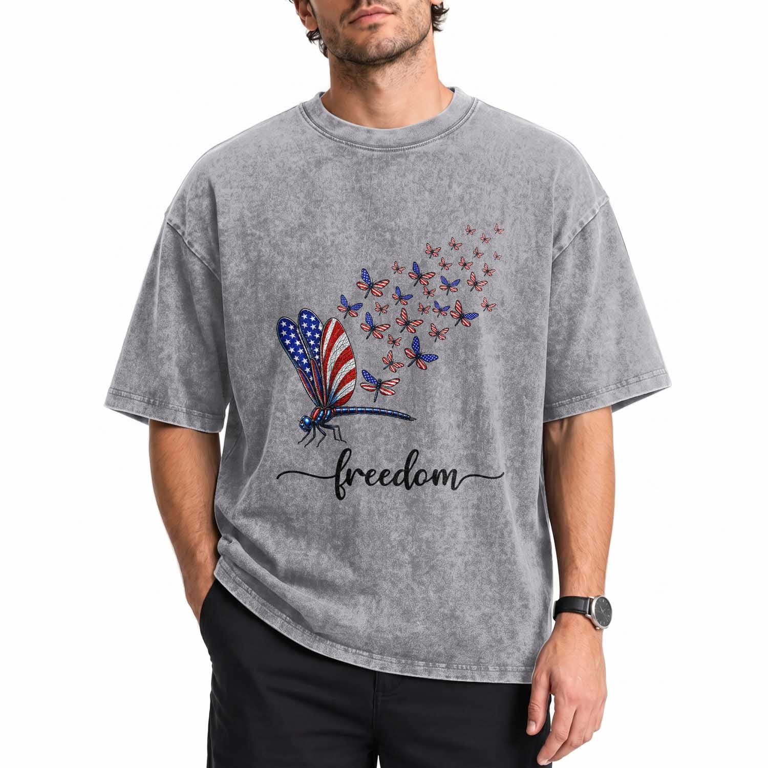 Freedom Dragonfly American Flag 4th Of July Washed Cotton T-Shirt Patriotic Nature Lover Graphic