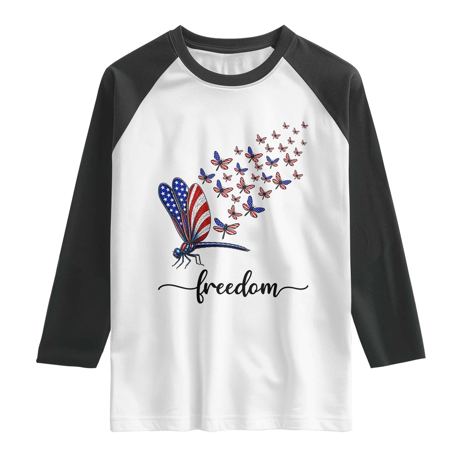 Freedom Dragonfly American Flag 4th Of July Raglan Shirt Patriotic Nature Lover Graphic TS12 White Black Print Your Wear