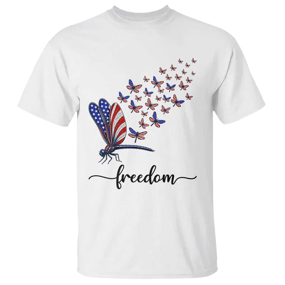 Freedom Dragonfly American Flag 4th Of July T Shirt Patriotic Nature Lover Graphic TS12 White Print Your Wear