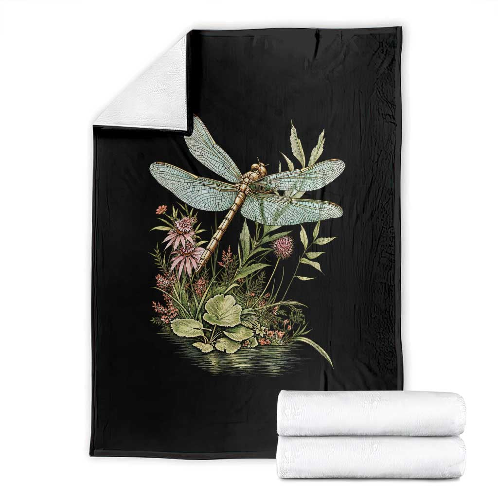 Vintage Botanical Wildflower Dragonfly Throw Blanket Boho Retro Cottagecore TS12 Black Print Your Wear