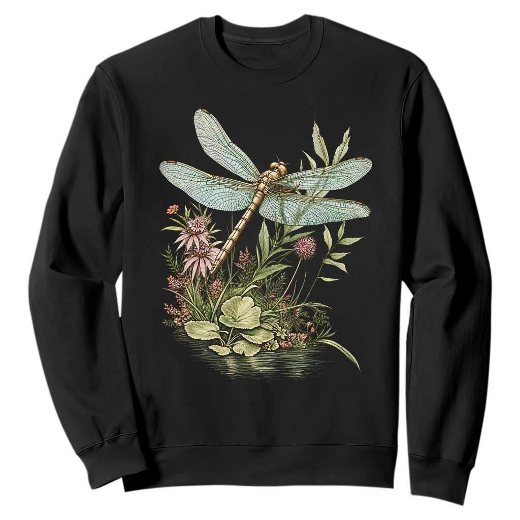 Vintage Botanical Wildflower Dragonfly Sweatshirt Boho Retro Cottagecore TS12 Black Print Your Wear