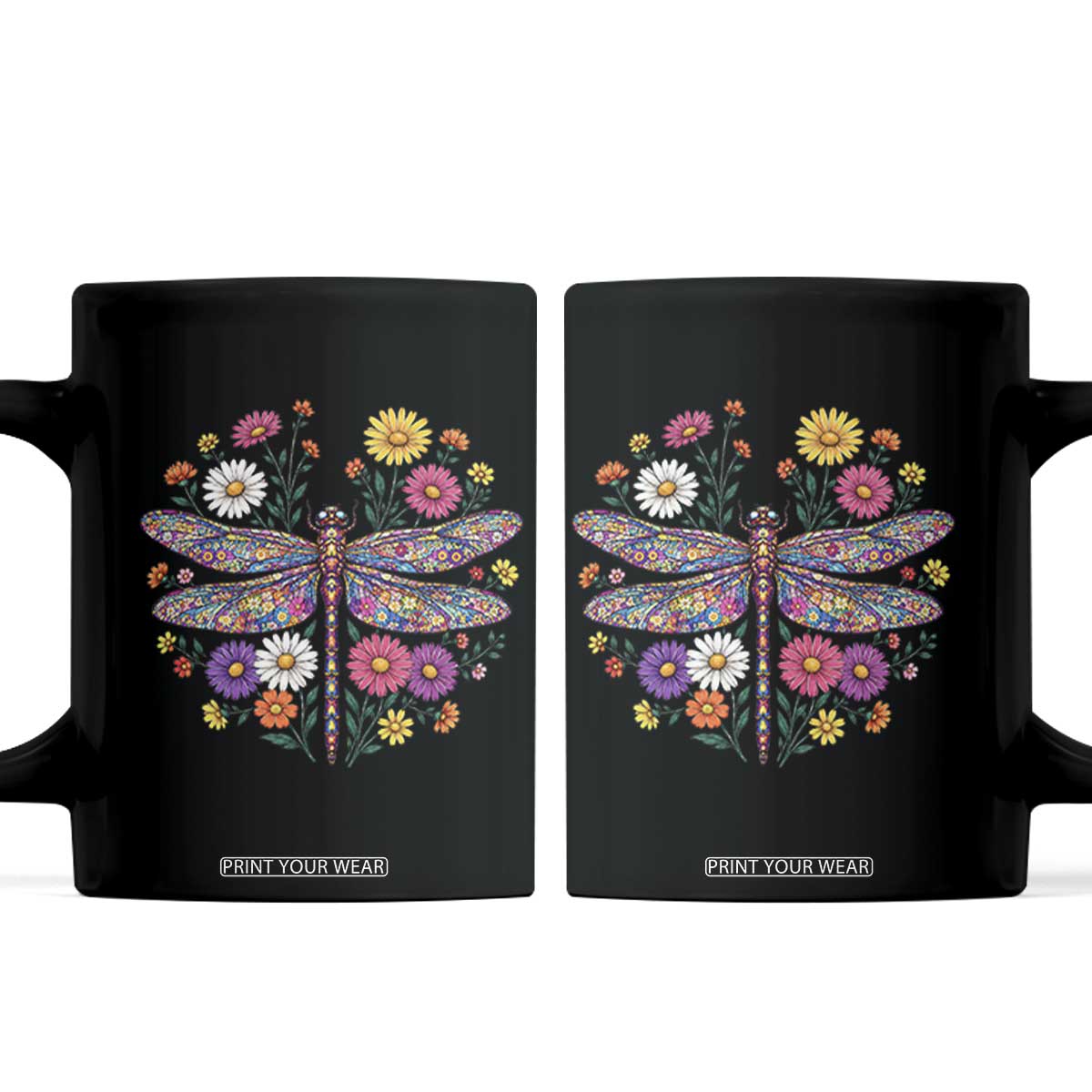 Boho Floral Spring Dragonfly Coffee Mug Colorful Mosaic Insect TS12 Black Print Your Wear