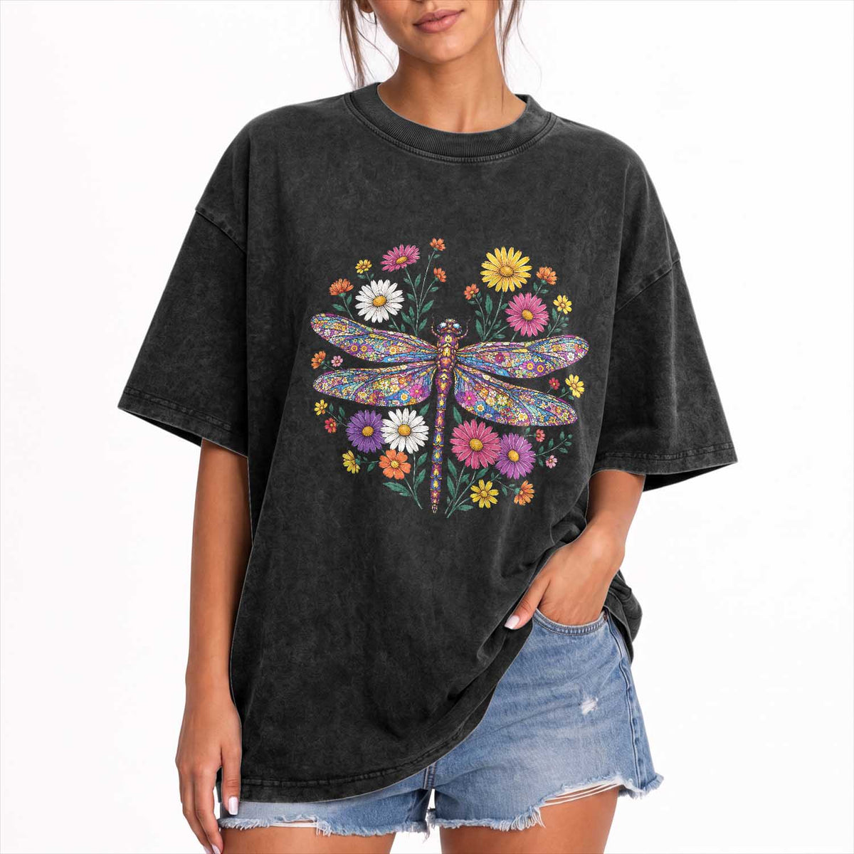 Boho Floral Spring Dragonfly Washed Cotton T-Shirt Colorful Mosaic Insect