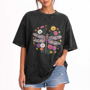 Boho Floral Spring Dragonfly Washed Cotton T-Shirt Colorful Mosaic Insect