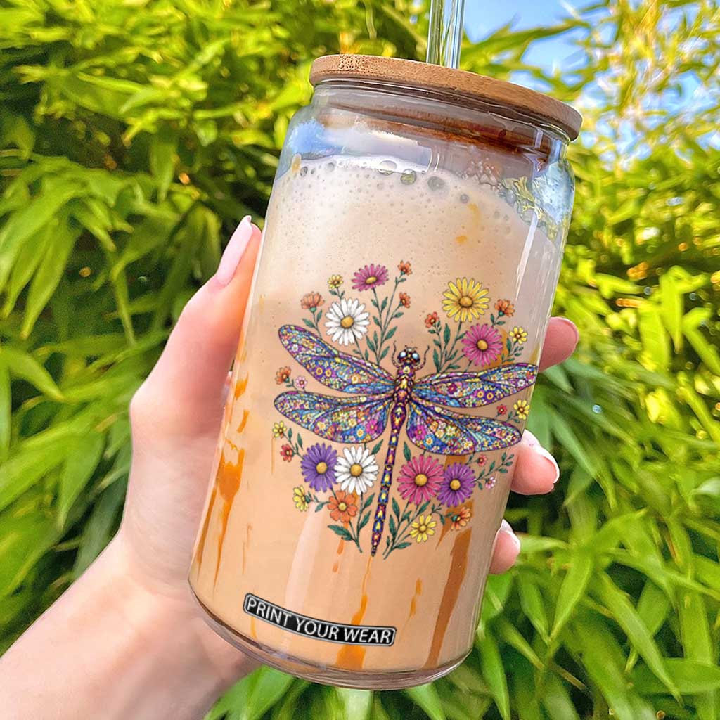 Boho Floral Spring Dragonfly Glass Can Colorful Mosaic Insect TS12 Black Print Your Wear