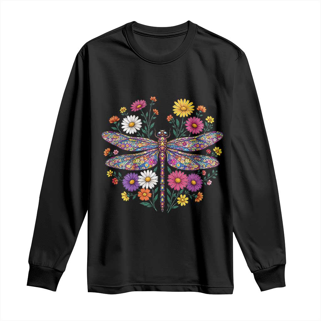 Boho Floral Spring Dragonfly Long Sleeve Shirt Colorful Mosaic Insect TS12 Black Print Your Wear