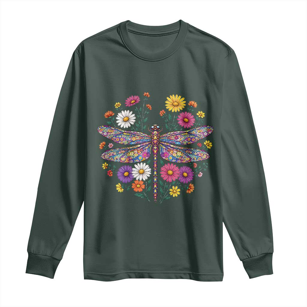 Boho Floral Spring Dragonfly Long Sleeve Shirt Colorful Mosaic Insect TS12 Dark Forest Green Print Your Wear