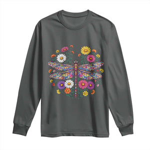 Boho Floral Spring Dragonfly Long Sleeve Shirt Colorful Mosaic Insect TS12 Dark Heather Print Your Wear