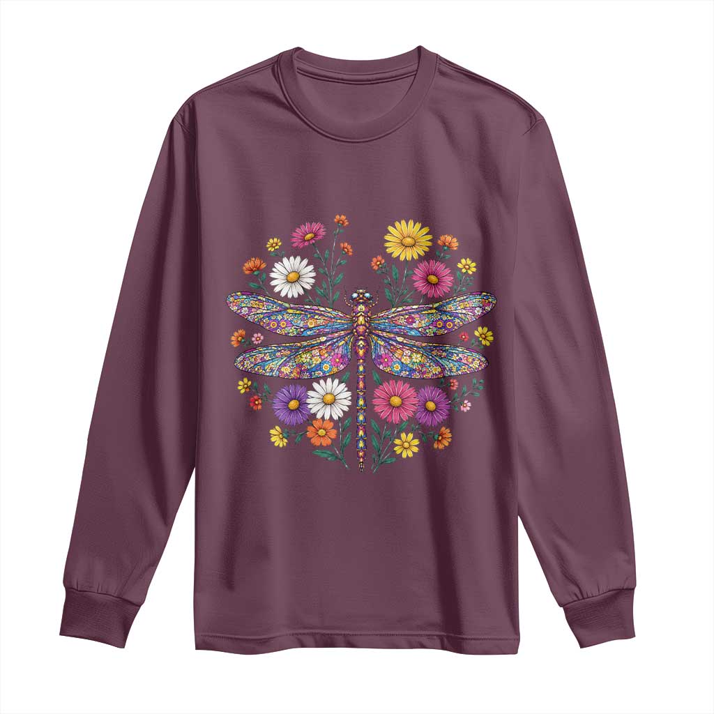 Boho Floral Spring Dragonfly Long Sleeve Shirt Colorful Mosaic Insect TS12 Maroon Print Your Wear