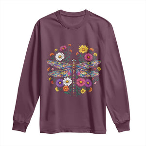 Boho Floral Spring Dragonfly Long Sleeve Shirt Colorful Mosaic Insect TS12 Maroon Print Your Wear