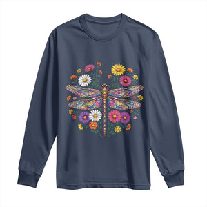 Boho Floral Spring Dragonfly Long Sleeve Shirt Colorful Mosaic Insect TS12 Navy Print Your Wear