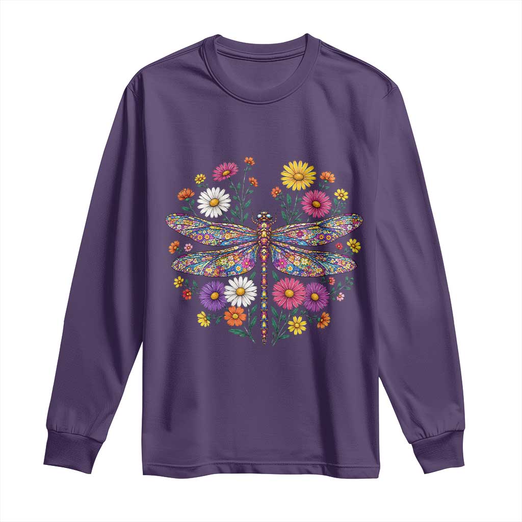 Boho Floral Spring Dragonfly Long Sleeve Shirt Colorful Mosaic Insect TS12 Purple Print Your Wear