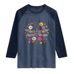 Boho Floral Spring Dragonfly Raglan Shirt Colorful Mosaic Insect TS12 Heather Denim Navy Print Your Wear