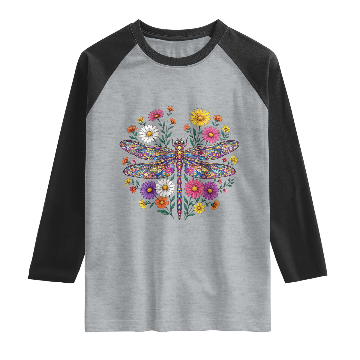 Boho Floral Spring Dragonfly Raglan Shirt Colorful Mosaic Insect TS12 Heather Gray Black Print Your Wear