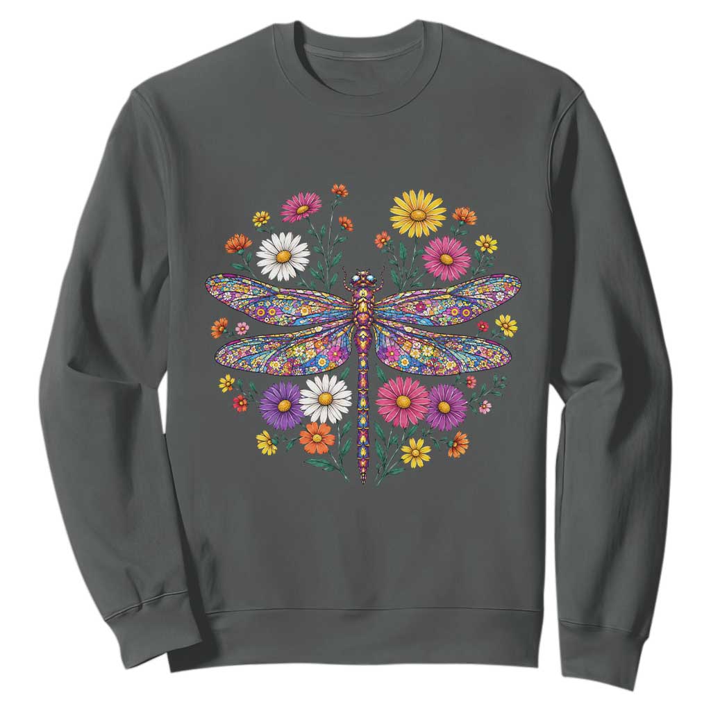 Boho Floral Spring Dragonfly Sweatshirt Colorful Mosaic Insect TS12 Dark Heather Print Your Wear