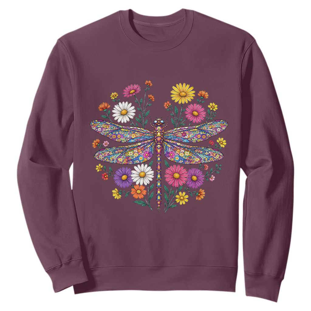Boho Floral Spring Dragonfly Sweatshirt Colorful Mosaic Insect TS12 Maroon Print Your Wear