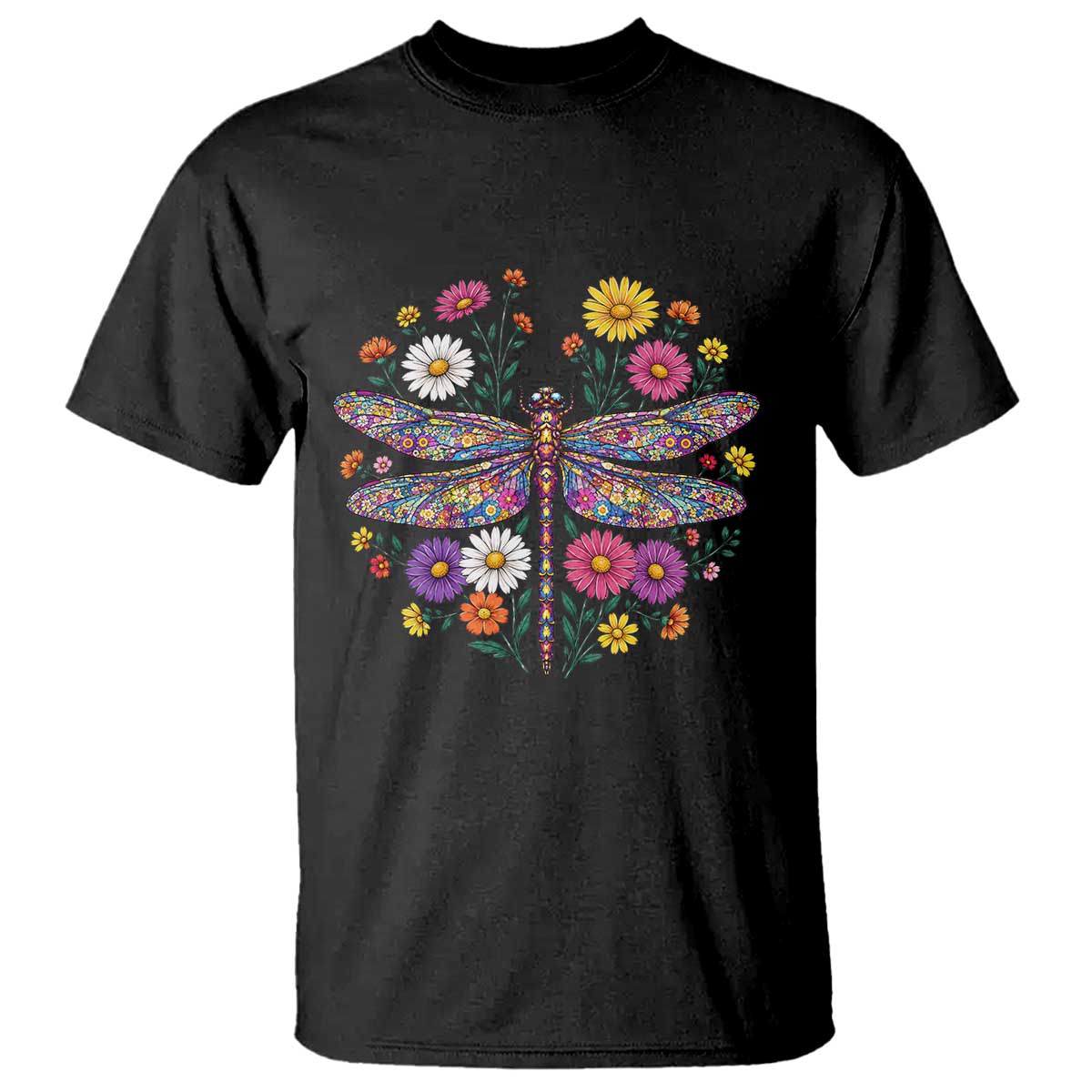 Boho Floral Spring Dragonfly T Shirt Colorful Mosaic Insect TS12 Black Print Your Wear