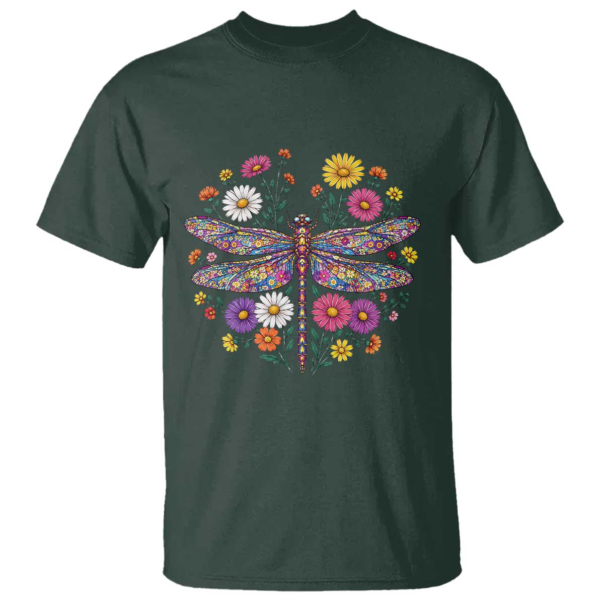 Boho Floral Spring Dragonfly T Shirt Colorful Mosaic Insect TS12 Dark Forest Green Print Your Wear