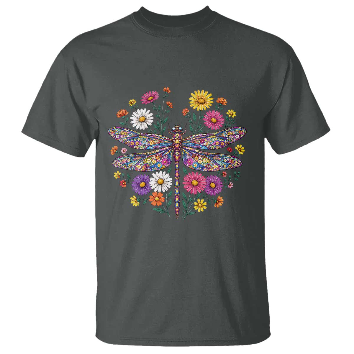 Boho Floral Spring Dragonfly T Shirt Colorful Mosaic Insect TS12 Dark Heather Print Your Wear
