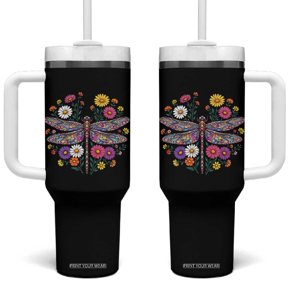 Boho Floral Spring Dragonfly Tumbler With Handle Colorful Mosaic Insect TS12 One Size: 40 oz Black Print Your Wear