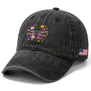 Boho Floral Spring Dragonfly Washed Cotton Baseball Cap Colorful Mosaic Insect TS12 Print Your Wear