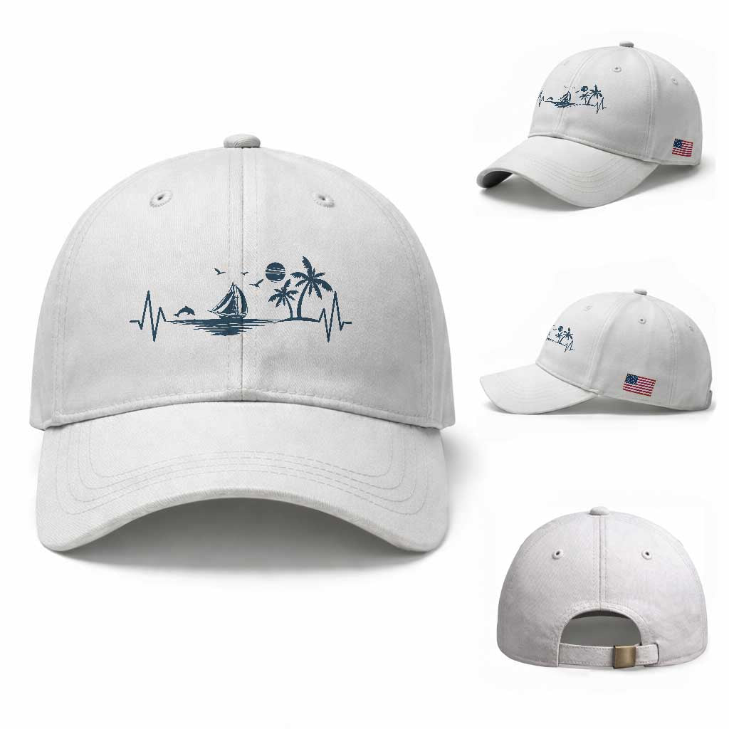 Summer Vacation Heartbeat Pulse Sunset Silhouette Baseball Cap Tropical Island Lover TS12 Baseball Cap Universal Fit White Print Your Wear