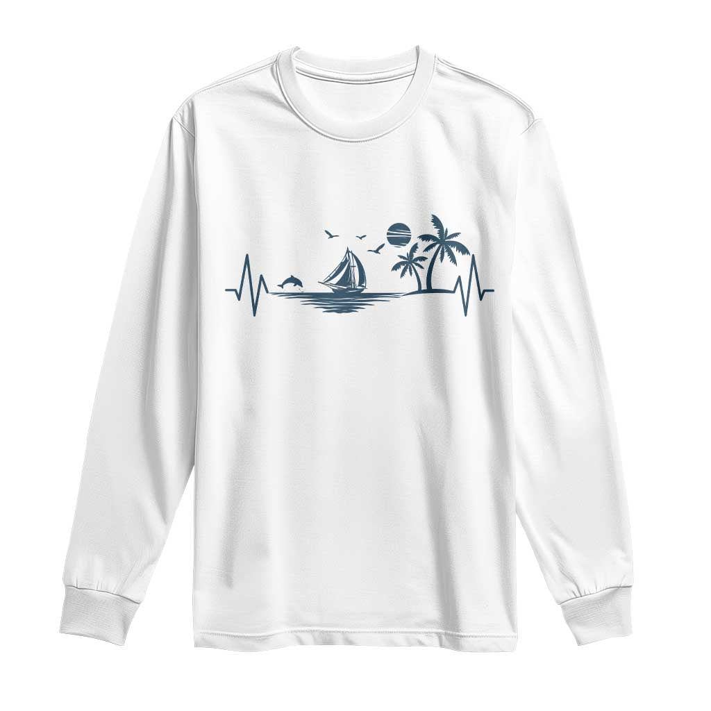 Summer Vacation Heartbeat Pulse Sunset Silhouette Long Sleeve Shirt Tropical Island Lover TS12 White Print Your Wear
