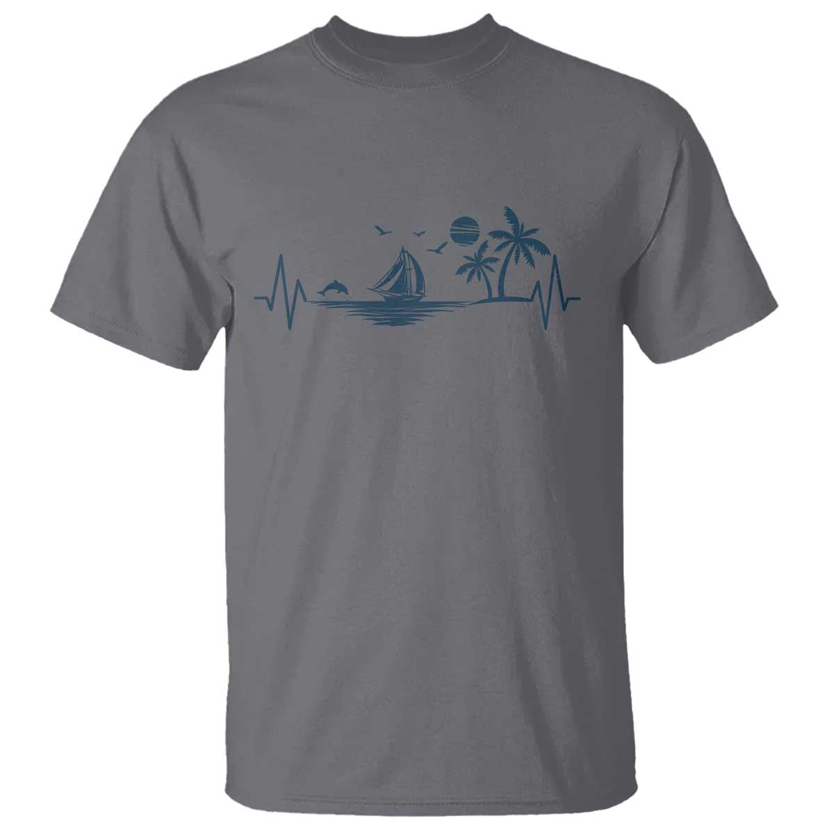 Summer Vacation Heartbeat Pulse Sunset Silhouette T Shirt Tropical Island Lover TS12 Charcoal Print Your Wear