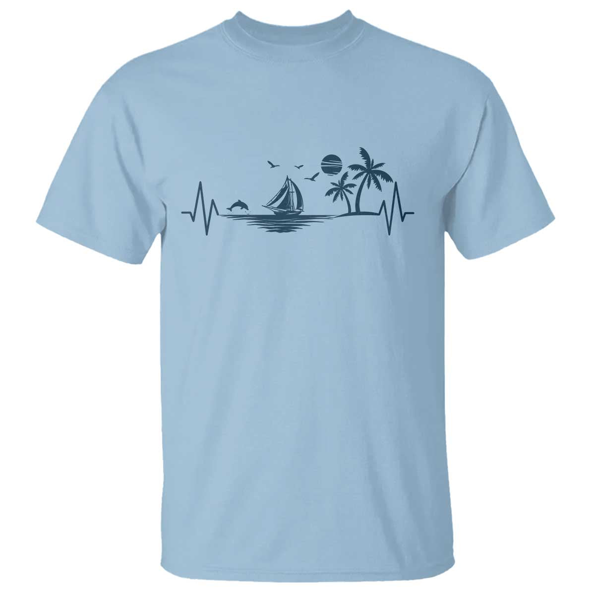 Summer Vacation Heartbeat Pulse Sunset Silhouette T Shirt Tropical Island Lover TS12 Light Blue Print Your Wear