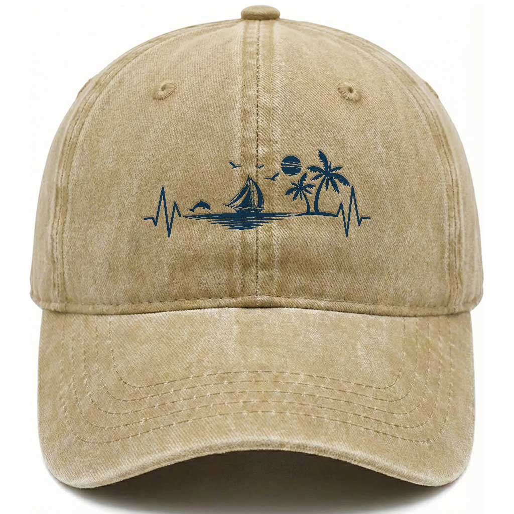 Summer Vacation Heartbeat Pulse Sunset Silhouette Washed Cotton Baseball Cap Tropical Island Lover TS12 Print Your Wear
