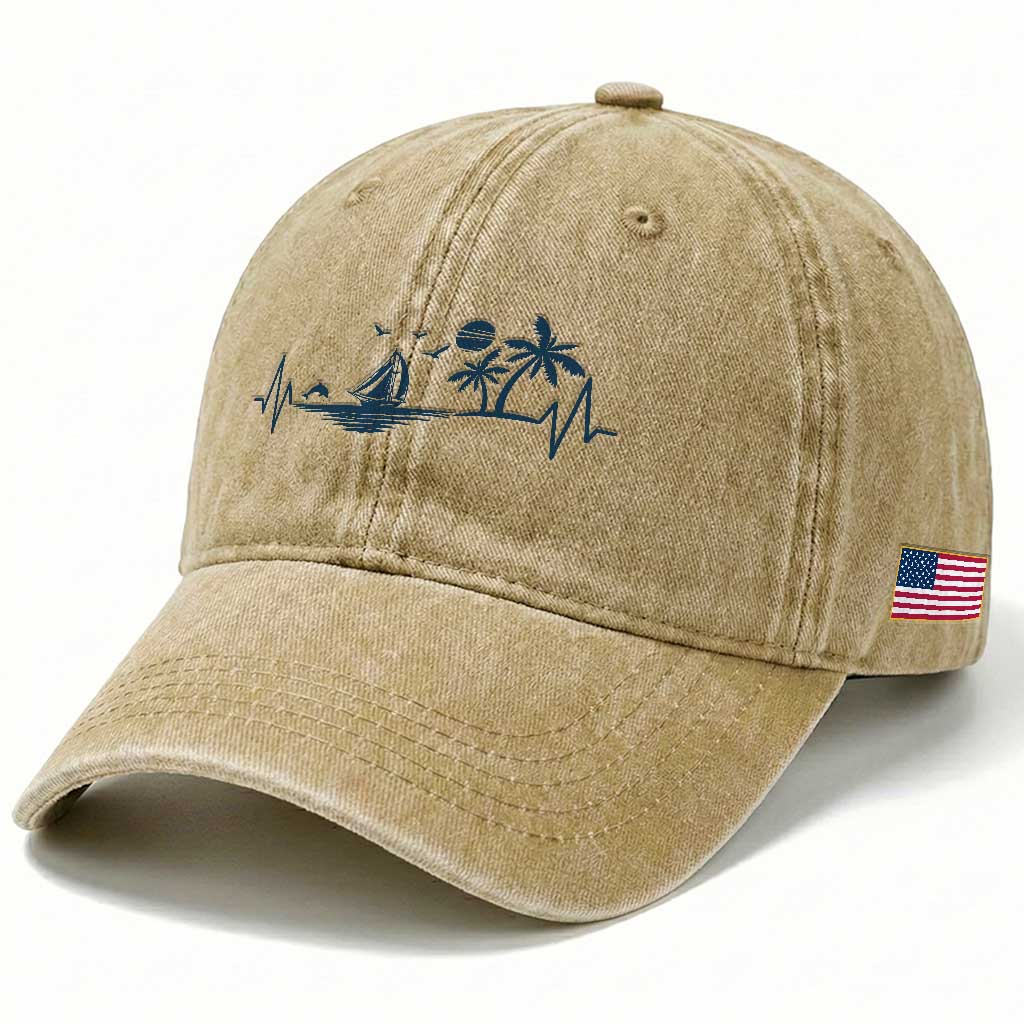 Summer Vacation Heartbeat Pulse Sunset Silhouette Washed Cotton Baseball Cap Tropical Island Lover TS12 Print Your Wear