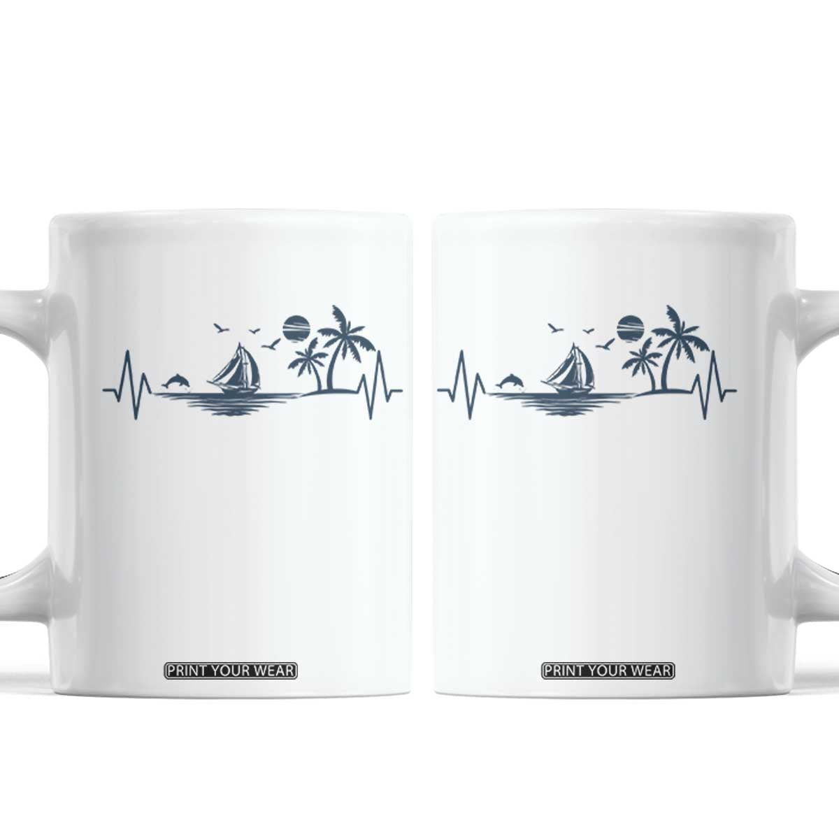 Summer Vacation Heartbeat Pulse Sunset Silhouette Coffee Mug Tropical Island Lover TS12 White Print Your Wear