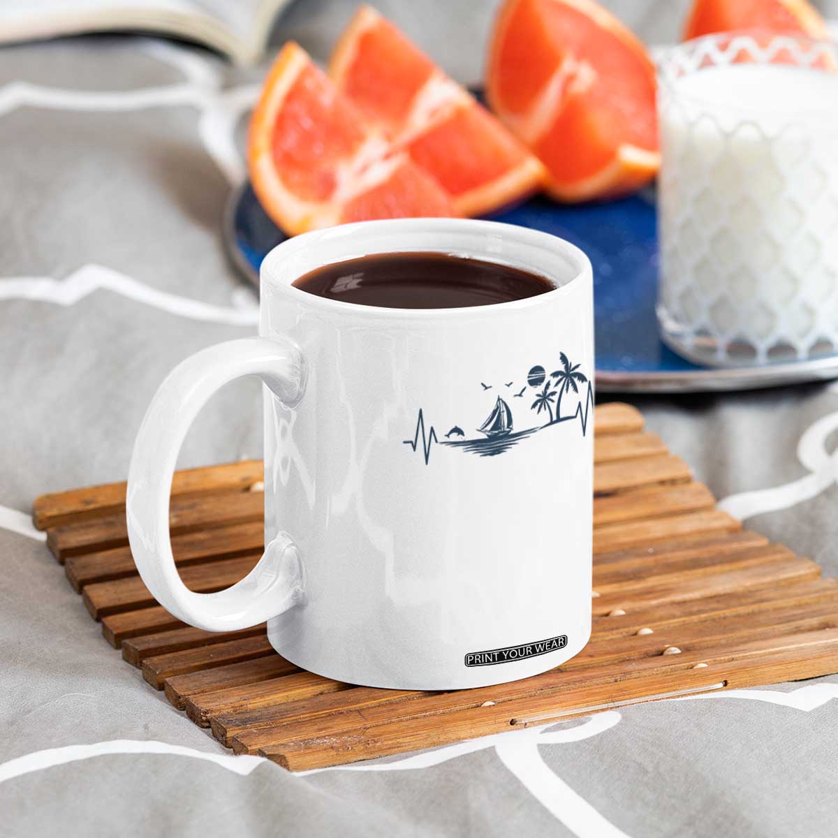 Summer Vacation Heartbeat Pulse Sunset Silhouette Coffee Mug Tropical Island Lover TS12 Print Your Wear