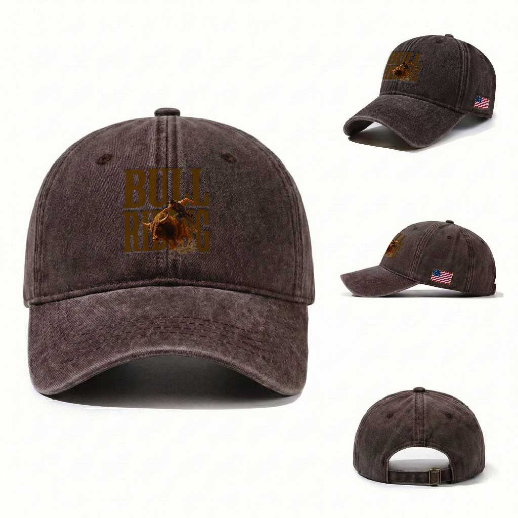 Bull Riding Cowboy Western Texas Rodeo Life Washed Cotton Baseball Cap TS12 Washed Cap Universal Fit Dark Brown Print Your Wear