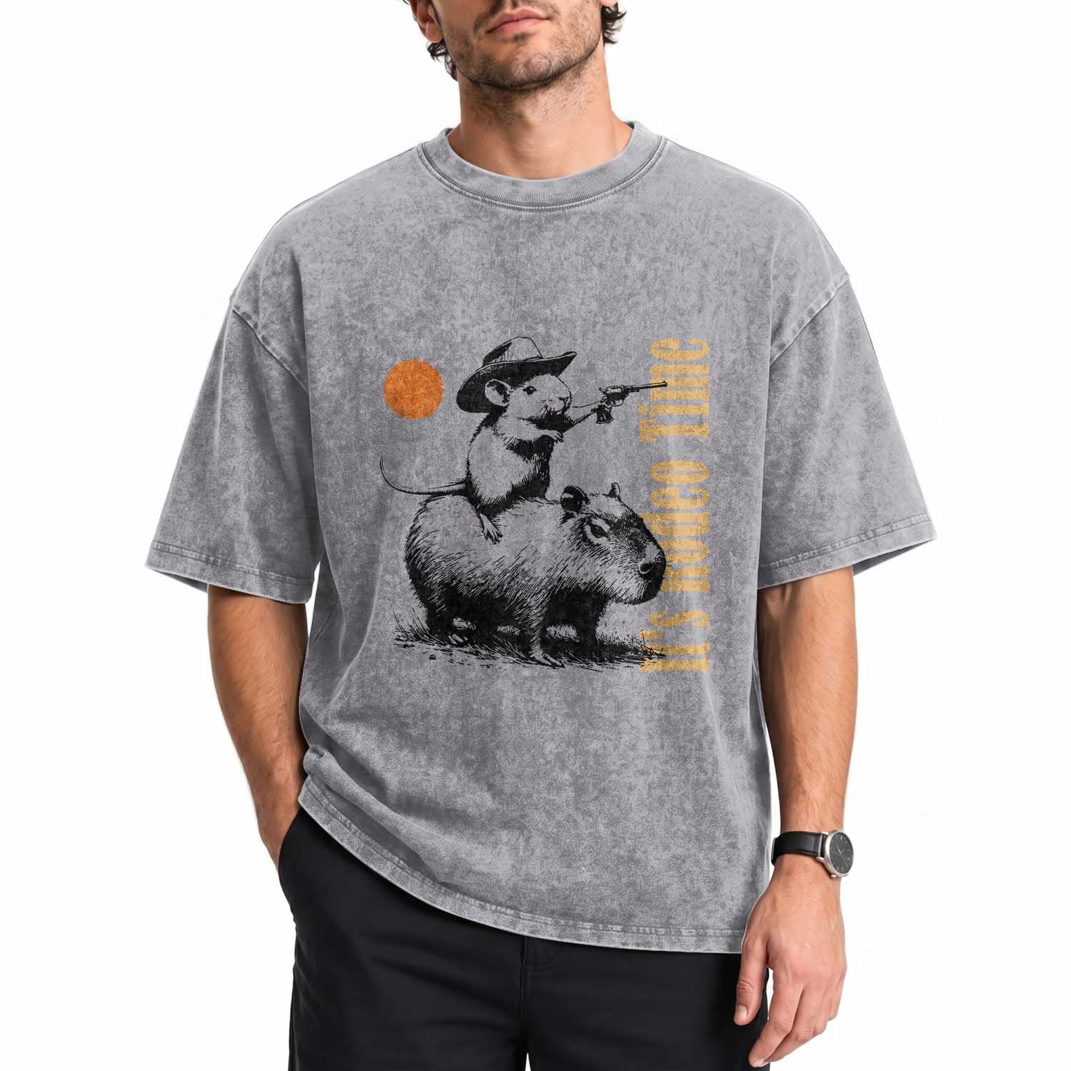 It Is Rodeo Time Washed Cotton T-Shirt Funny Wild West Mouse Riding Capybara