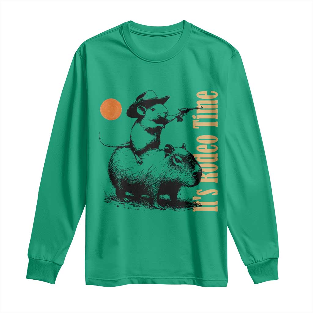 It Is Rodeo Time Long Sleeve Shirt Funny Wild West Mouse Riding Capybara TS12 Irish Green Print Your Wear